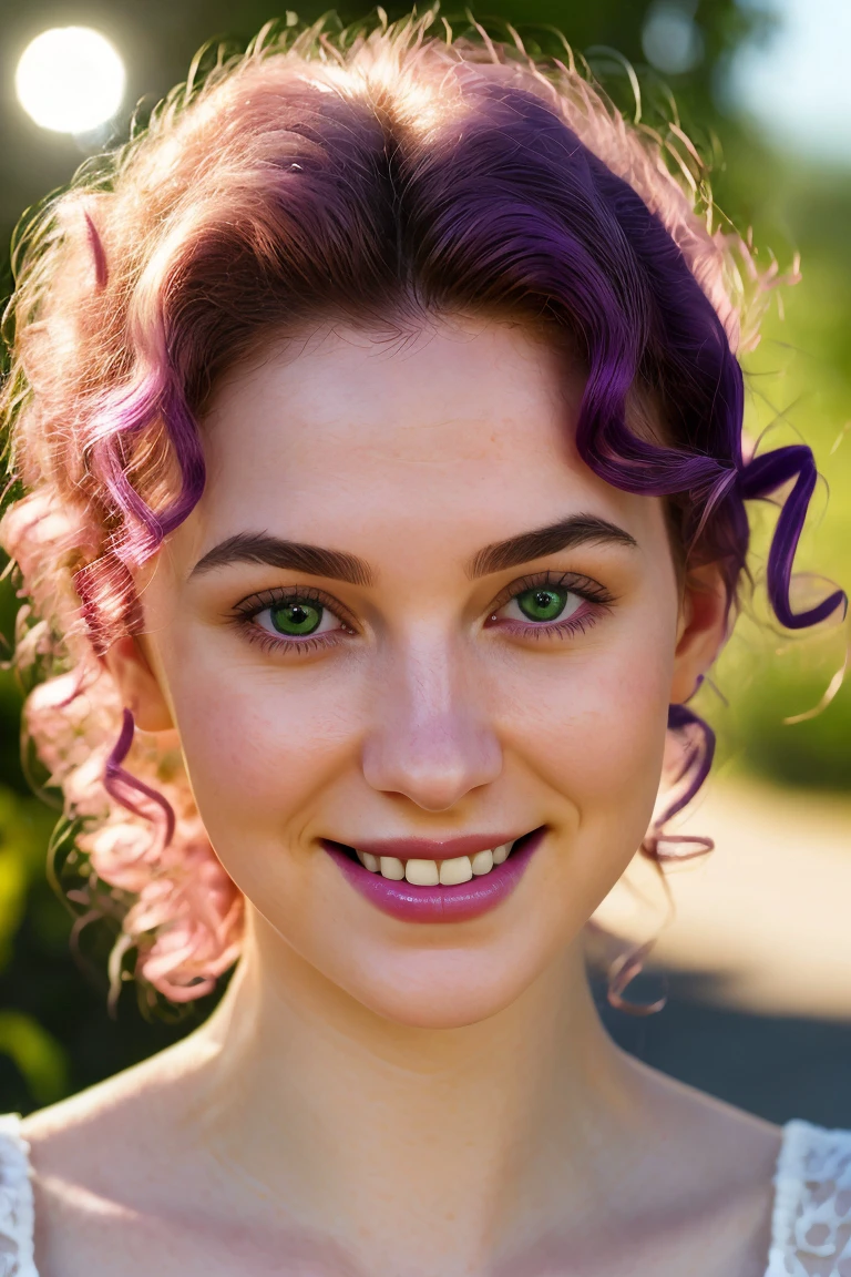 <lora:SensualMind-Cabaret-Athena-v1:0.6>
a close up of a pale woman with a fun smile, face blush, purple curly hair and green eyes BREAK
italian shot, lens flare, spot lights, soft focus, intrincate details, photo realistic