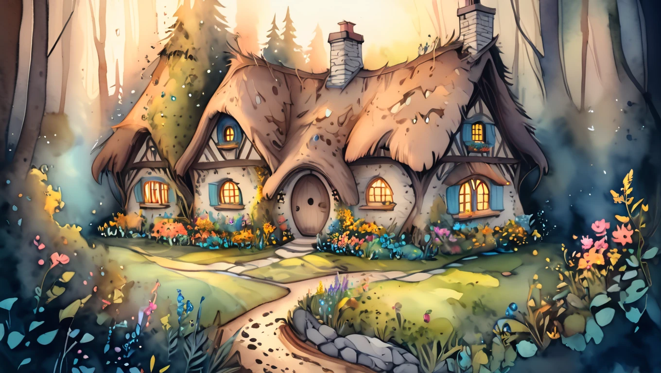 fairytale cottage, nestled in the woods, blooming flowers, storybook animals, soft glow, watercolor wash, light pastels, aerial view  <lora:artfullySTORYBOOK:1>, artstrybk,