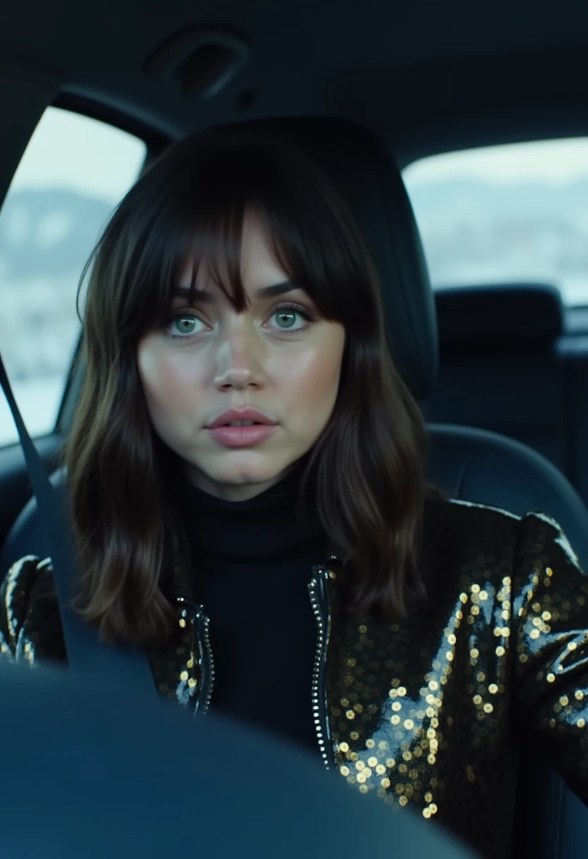 The image is a still frame from a movie, depicting a young woman seated in the back seat of a car. The woman, who appears to be in her early 20s, has a fair complexion, dark brown hair styled with bangs that frame her face, and large, expressive blue eyes. She is wearing a black turtleneck under a shiny, reflective jacket that has a metallic gold and black pattern. Her expression is serious and slightly pensive, with her lips slightly parted.

The interior of the car is modern and sleek, with dark blue leather seats and a minimalist design. The windows show a blurred view of an expansive, possibly mountainous landscape, suggesting a high elevation or a remote location. The lighting is soft, casting a cool, muted tone over the scene, enhancing the somber mood.

The overall color palette is dominated by cool tones of blue, black, and metallic gold, with the reflective jacket adding a touch of futuristic style. The image captures a moment of introspection or anticipation, hinting at a significant event or decision in the story. 4N4D34RM4S
