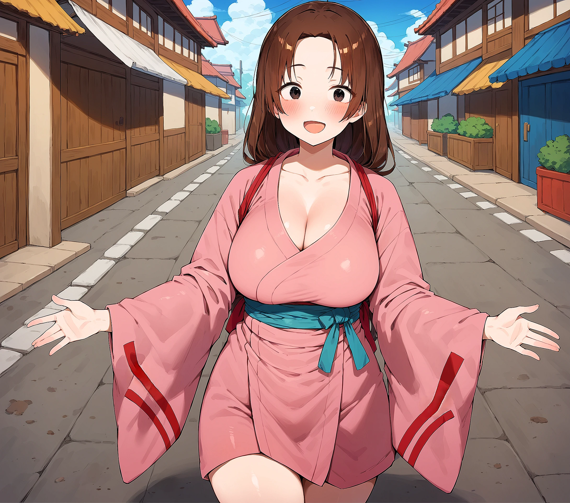 score_9, score_8_up, score_7_up, anime_style, 2D, Hina, 1girl, solo, long hair, brown hair, black eyes, breasts, looking at viewer, blush, smile, open mouth, bangs, large breasts, dirt floor, narrow street, old japanese background, ancient japanese buildings, stall on the floor, long sleeves, cleavage, standing, collarbone, :d, thighs, cowboy shot, japanese clothes, wide sleeves, kimono, parted bangs, sash, forehead