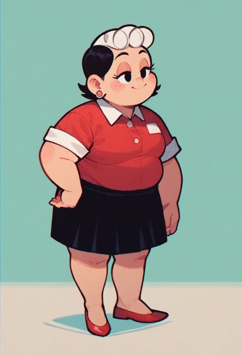 dona_cebola, 1girl, solo, shirt, skirt, black hair, jewelry, full body, earrings, black skirt, black eyes, red shirt, red footwear, fat, polo shirt, standing