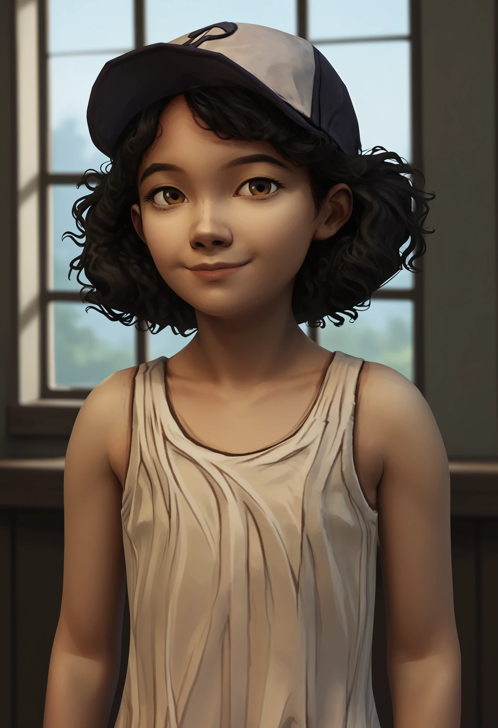 score_9, score_8_up, score_7_up, score_6_up, score_5_up, score_4_up, 1girl, <lora:ClementineS1:0.7> solo, skinny, black hair, curly hair, brown eyes, dark skin, hat, baseball cap, dress, sleeveless, upper body, smile, looking at viewer, standing, 
home background, indoors, window,