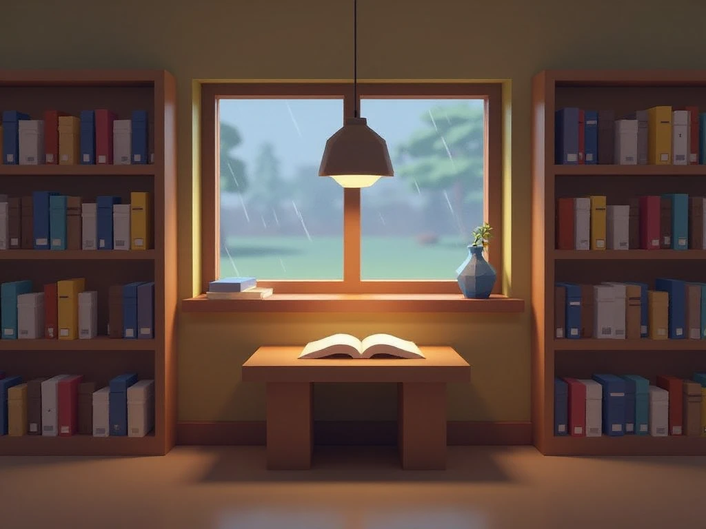 lo-ply_ a low-poly scene from inside a quiet library on a rainy day. There are books on shelves and on a table. Behind the table is a window showing the wet weather outside. The library feels cozy and welcoming.