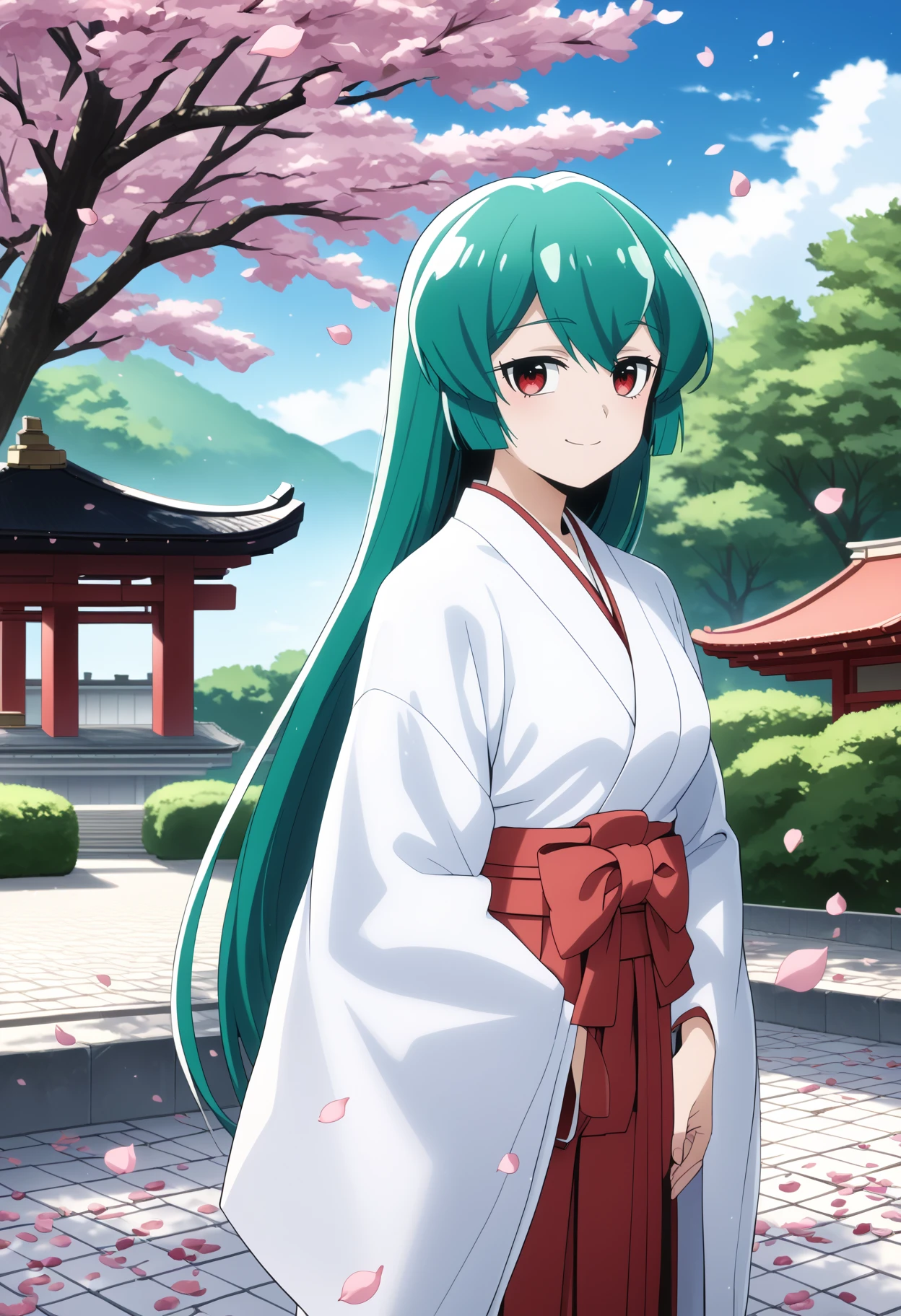 score_9, score_8_up, score_7_up, BREAK,
1girl, minakamisayo, green hair, long hair, red eyes,
red hakama, white kimono, japanese clothes, miko,
smile, solo, looking at viewer, outdoors, cheerry trees, blossoms, blue sky, cherry petals floating, japanese temple background  <lora:MagiaAzurePDXL_byKonan:1>