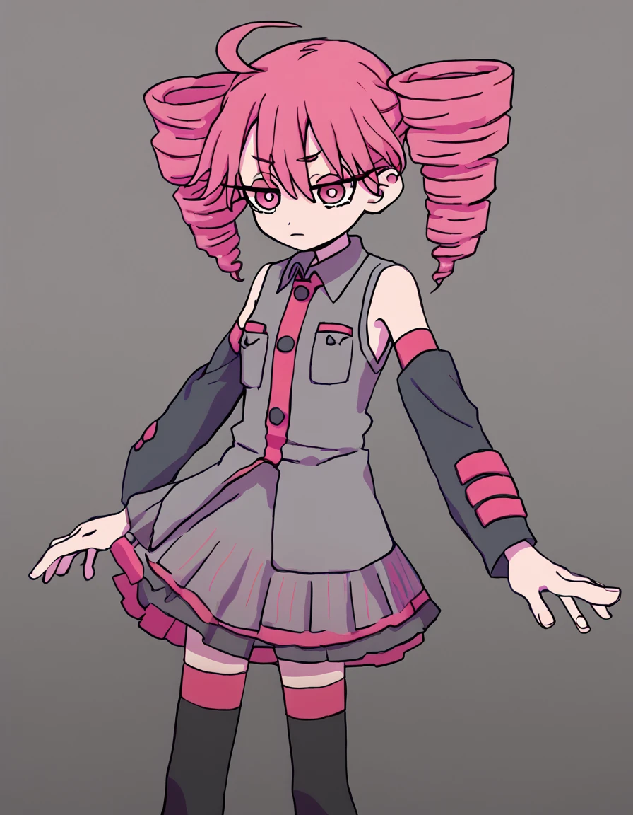 <lora:Hanabushi:1> h4n4bushi 
 <lora:teto-kasane-ponyxl-lora-nochekaiser:1> teto kasane, ahoge, pink eyes, drill hair, pink hair, detached sleeves, skirt, thighhighs, zettai ryouiki, sleeveless, shirt, grey shirt, collared shirt, grey skirt,