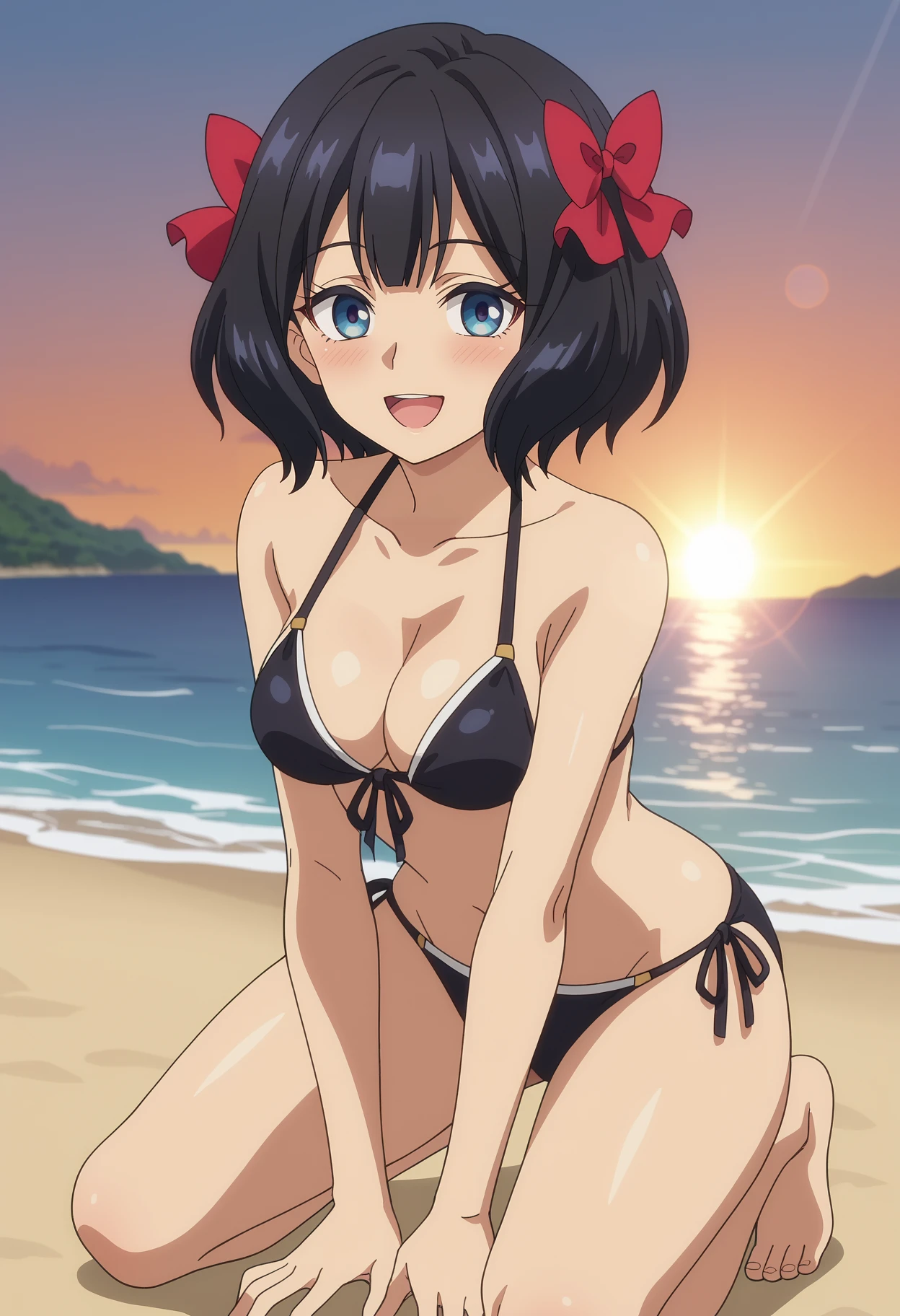 score_7_up, anime screencap,
<lora:NagekiNoBoureiWaIntaiShitai_TinoShadeXL:0.9>, TinoShade,
1girl, solo, open mouth, smile, blush,
medium hair, black hair, blue eyes, hair bow, red bow,
medium breasts, black bikini, bow bikini, front-tie bikini, side-tie bikini bottom,
kneeling, looking at viewer,
horizon, sunset, beach, lens flare