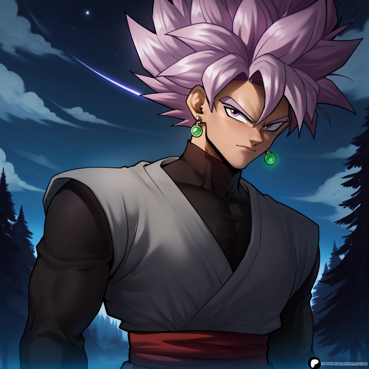 zPDXL3, score_9, score_8_up, score_7_up, score_6_up, score_5_up, score_4_up, highres, incredibly absurdres, highly detailed, outdoors, dark, night, closed mouth, 1boy, solo, <lora:Goku_Black_Super_Saiyan_Rose:0.5> ssgb, spiked hair, purple hair, purple eyes, single earring, grey dogi, black turtleneck sweater, long sleeves, red sash, super saiyan, looking at viewer,  <lora:echosaber:1> source_anime, echosaber