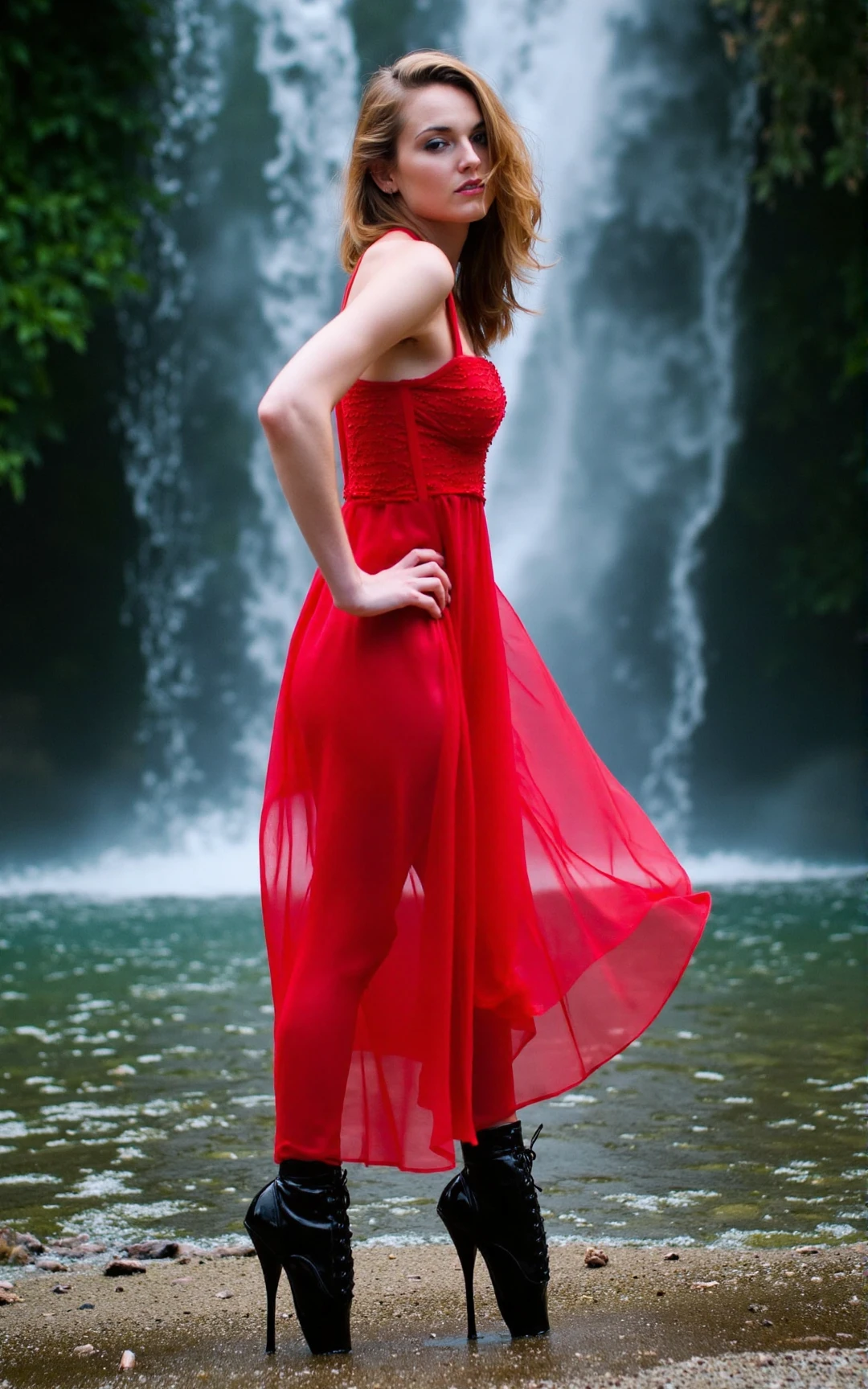 realistic HDR photograph of one subject,
A woman with auburn hair and fair skin, posing in black patent ankle-high ballet boots paired with a flowing red evening gown, in front of a large waterfall, her boots catching the mist from the water.
High dynamic range, vivid, rich details, clear shadows and highlights, realistic, intense, enhanced contrast, highly detailed,
<lora:ballet_heels_boots_v1_FLUX:1>