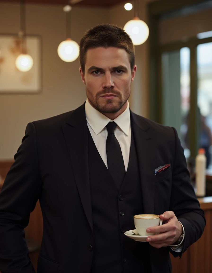 <lora:Arrow_Flux:1> this is an image of a man, short hair, designer suit, serious expression, Standing in a cafe having a coffee.