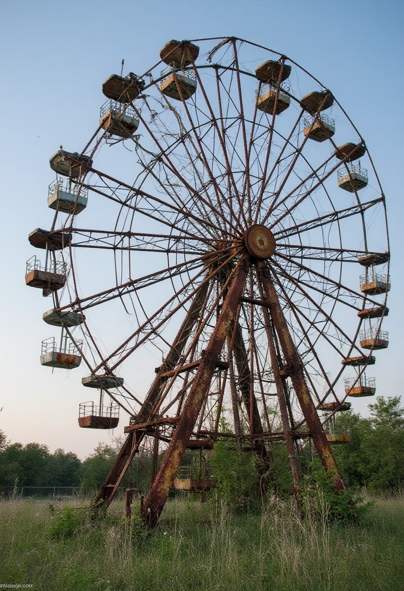 A rusted Ferris wheel towering over an abandoned carnival. The seats hang precariously, some missing entirely, while the metal frame groans in the wind. Wildflowers and tall grass have overtaken the area, and the distant sound of crows fills the air.  <lora:urban-decay-parks_v10_rank64_bf16-step02160:1>, abndnd_plcs_prks,