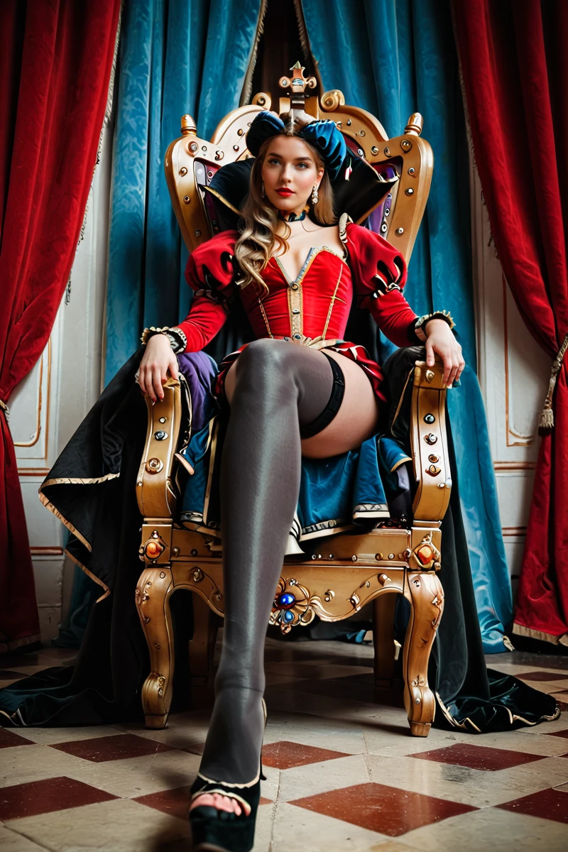 hires digital photo, photorealism,  <lora:Emmanuelle_von_Liebwitz_XL:1> from below, throne room interior, 3m@nn3u3lle sitting on purple velvet throne, legs crossed, wearing red and yellow strapless dress, black and silver detached sleeves, high-collared cloak, black leather thighhighs, looking down at viewer, smirk. Giant blue curtains behind her, through which the view of a busy medieval city can be seen. Baroque, atmospheric, Renaissance painting, intricate details, high resolution,