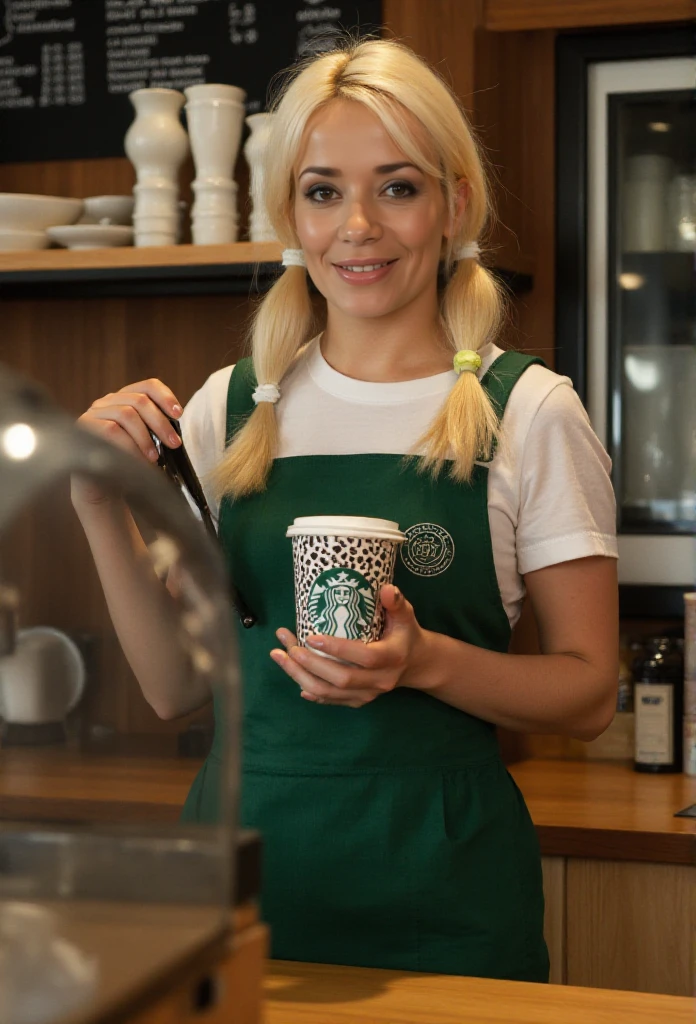 Zabou is a blond woman with twintails is wearing a starbucks uniform and serving coffee in a starbucks<lora:Zabou:0.9>