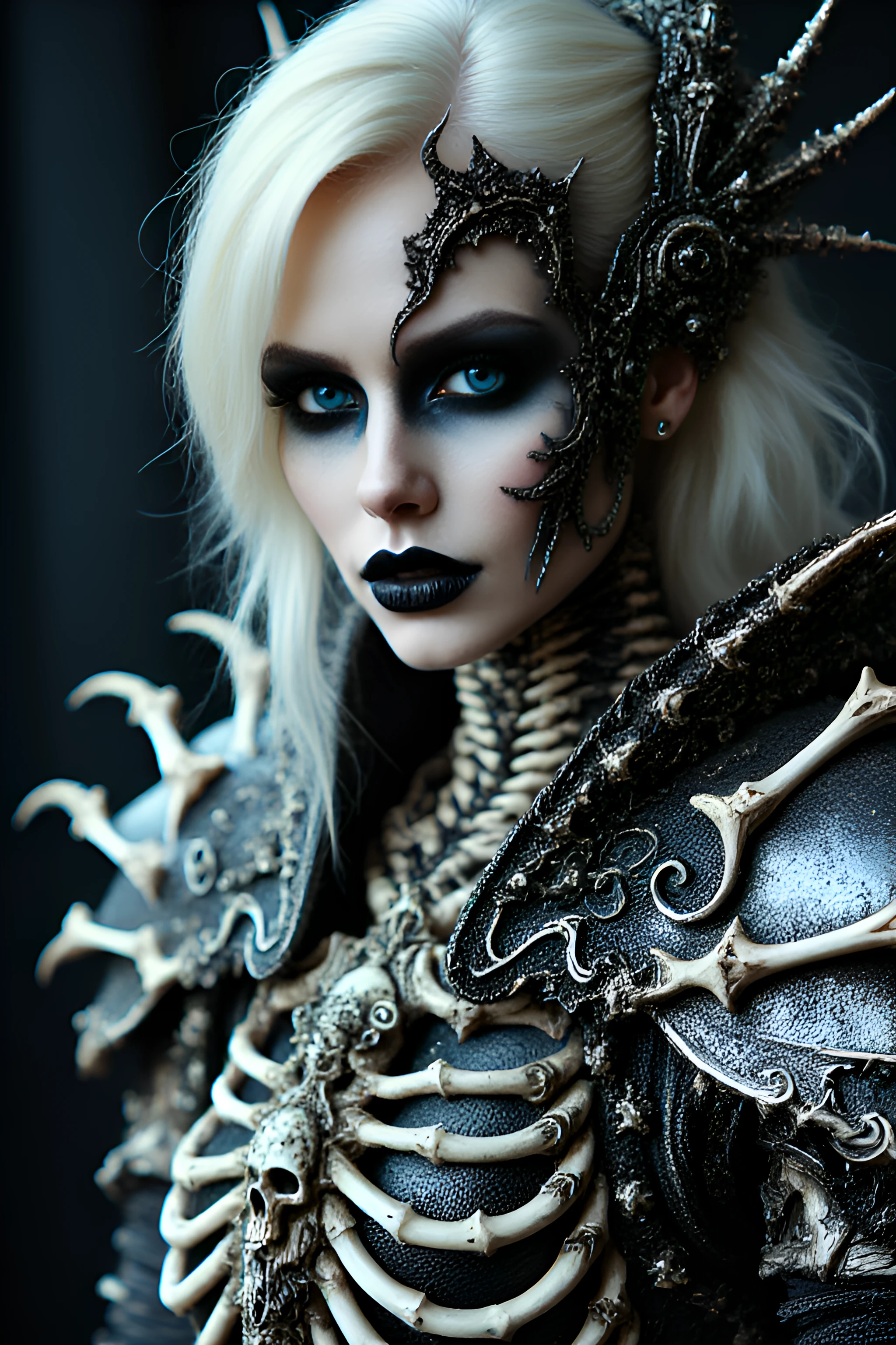 The image is a highly detailed, realistic CGI rendering of a fantasy warrior figure. The woman, with a pale, statuesque physique, has striking blue eyes and dark, dramatic makeup with bold, black lipstick. She is adorned in an elaborate, ornate suit of armor that appears to be made from a combination of metallic and skeletal elements.