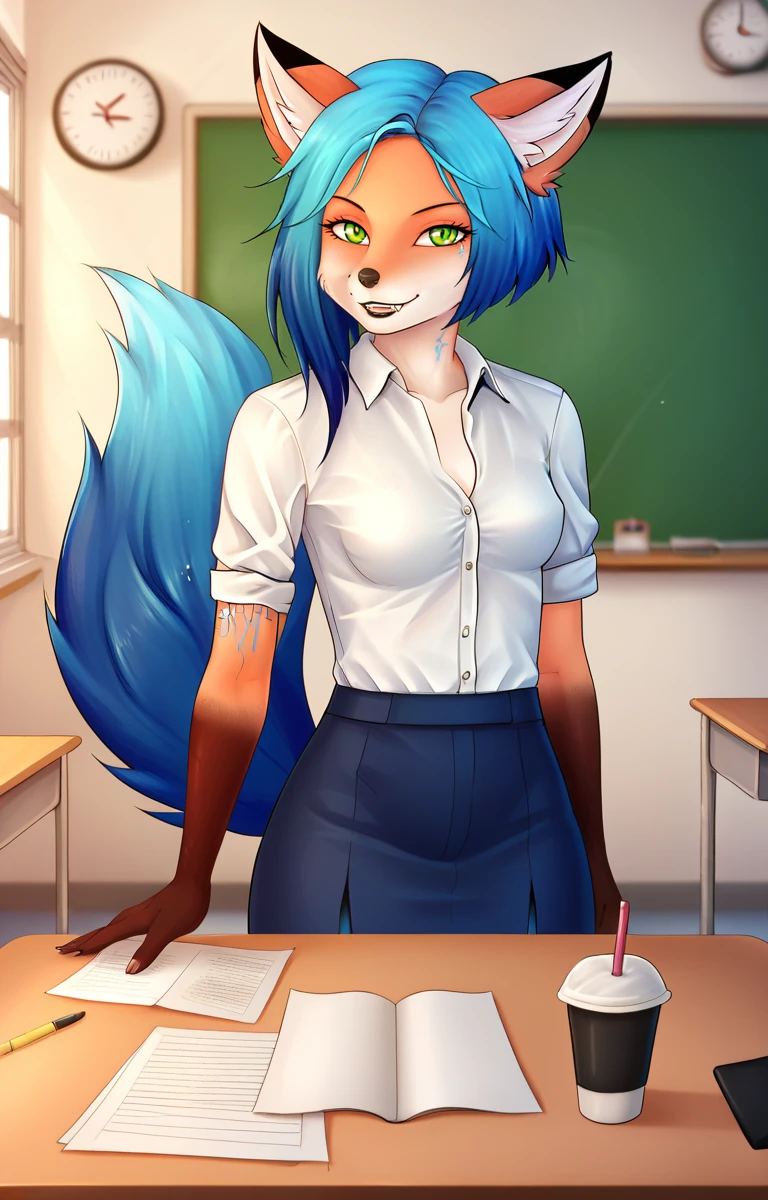 score_9,score_8_up,score_7_up,masterpiece,best quality,classroom, 
Siaren,1girl,solo,animal ears,blue hair,furry,furry female,fox ears,short hair,green eyes,tail,small breasts,body fur,fox tail,animal nose,tattoo,two-tone fur,fox girl,seductive smile,long lush eyelashes,parted lips,fangs,black lips,
office lady, 
 <lora:Siaren_v02_PDXL:1>,
<lora:add-detail-xl:1>,