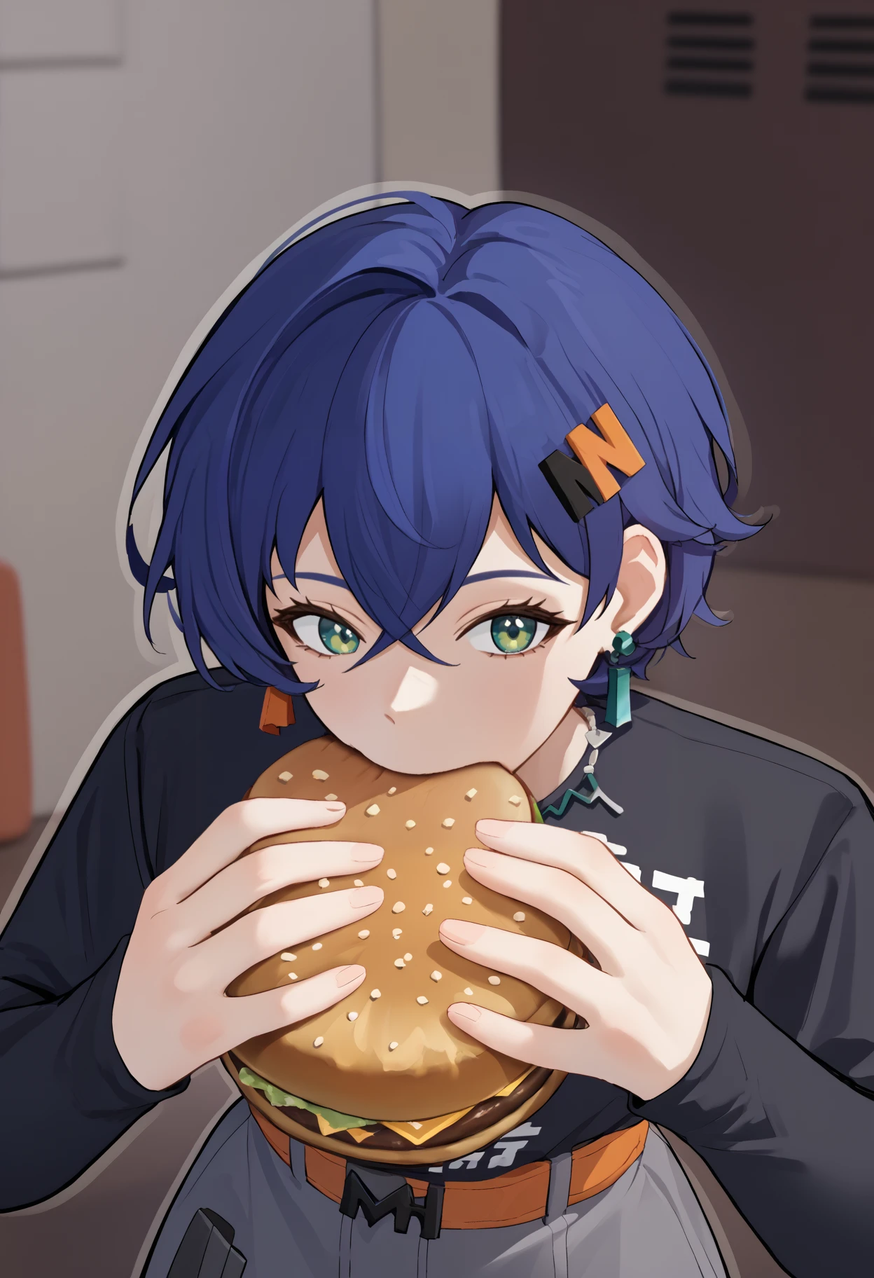 score_9, score_8_up, score_7_up, source_anime, <break> jermaWhopper, eating, burger, looking at you, upper body, solo, 1girl, zzzb3lle, short hair, blue hair, crossed bangs, hair ornament, hairclip, green eyes, black shirt, clothes writing, long sleeves, grey skirt, orange belt, earrings, necklace, indoors
<segment:yolo-face_yolov8m.pt,0.4,0.5//cid=1>