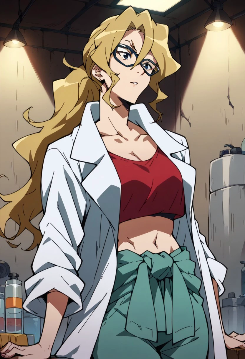 Score_9_up, score_8_up, score_7_up, score_6_up, score_5_up, BREAK 1girl, solo, leyte, blonde, parted bangs, hair between eyes, ponytail, thick frame glasses, collarbone,  breasts, labcoat, crop top midriff, clothes around waist, green pants,