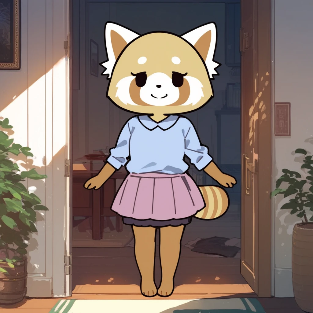 score_9, score_8_up, score_7_up, score_6_up, score_5_up,  1girl, full body,
(source_cartoon),
<lora:Retsuko's Mom Katie:0.9> Retsukos_Mom, furry female, body fur, beige fur, red panda, white fur ears, white ears, solo, smile, skirt, animal ears, standing, striped tail, indoors, animal fluff ears, striped tail, black nose, black eyes,
<lora:Expressive_H:0.7> Expressiveh,
<lora:add-detail-xl:0.9>