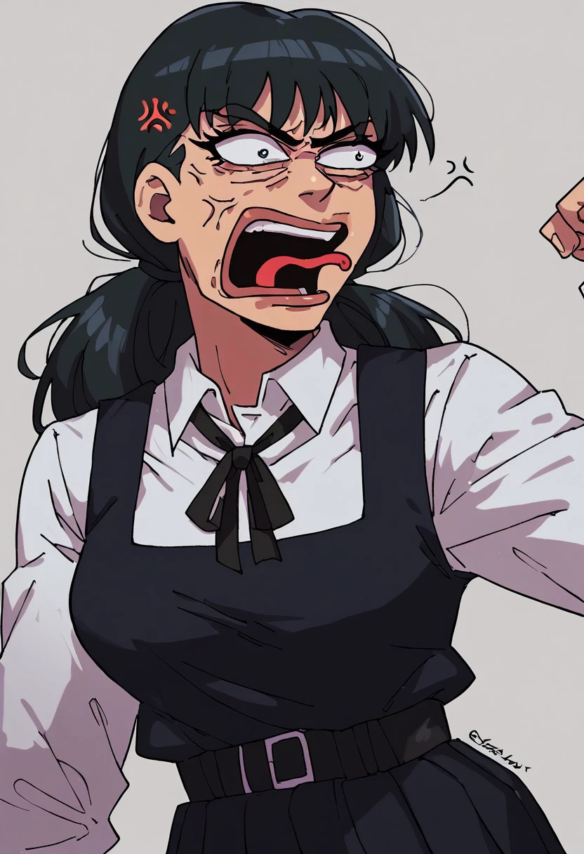 score_9, score_8_up, score_7_up, portrait, 1 girl, solo focus,, PepeREEEEEEEEEEEEE, Enragedpepe, solo, tongue, open mouth, anger vein, angry, mitaka asa, long hair, low twintails, school uniform, black dress, pinafore dress, sleeveless dress, white shirt, black ribbon, neck ribbon, long sleeves