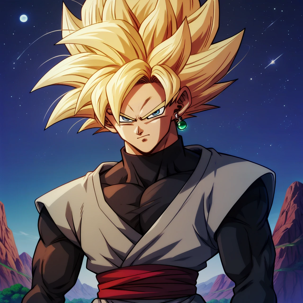 zPDXL3, score_9, score_8_up, score_7_up, score_6_up, score_5_up, score_4_up, highres, incredibly absurdres, highly detailed, outdoors, dark, night, closed mouth, 1boy, solo, <lora:Goku_Black_Super_Saiyan_Rose:0.5> ssgb, spiked hair, blonde hair, blue eyes, single earring, grey dogi, black turtleneck sweater, long sleeves, red sash, super saiyan, looking at viewer, <lora:Broly_v1:0.5> dbsb