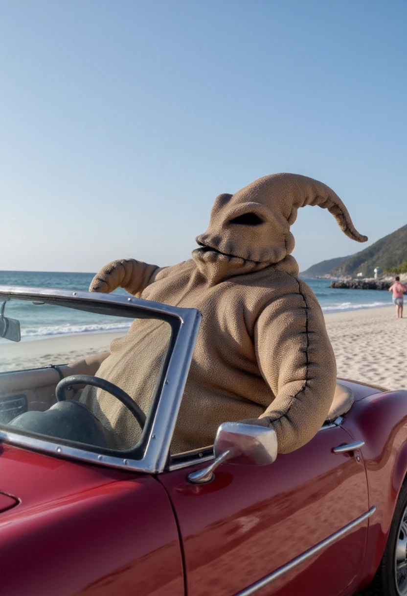 <lora:Oogie_Boogie_The_Nightmare_Before_Christmas_FLUX-000029:0.9>
Photo of Oogie Boogie, a humanoid, burlap, sack-like creature, driving a convertible sports car at the beach.