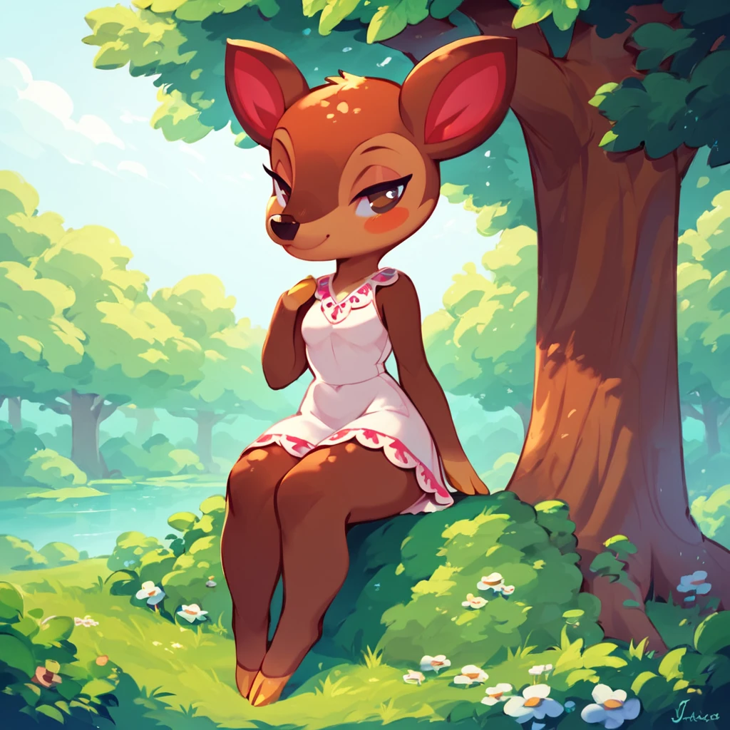 score_9_up, score_8_up, score_7_up, score_6_up, fauna \(animal crossing\), deer, 1girl, furry, white dress, brown fur, female, smile, sitting by tree, half-closed eyes, brown eyes, beautiful, outside, small breasts, full body, masterpiece, highest quality