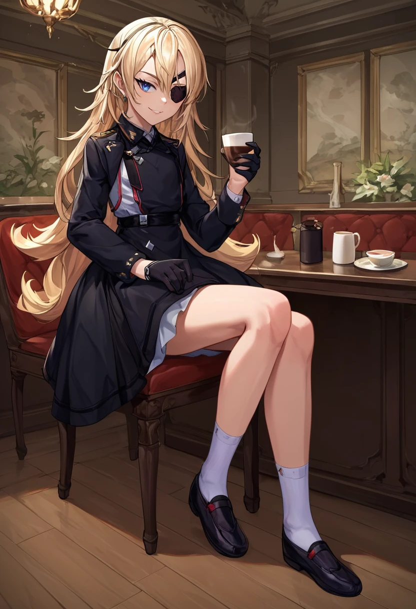 score_9,score_8_up,score_7_up, rating_general, beautiful aesthetic, very intricate, high quality details, high quality, masterpiece, source_anime, zPDXL2, indoor, cafe background, BREAK sitting, on a chair, holding a glass of coffee, smile, 
 <lora:Guillotine_NIKKE-000005:1>,  guillotinea, guillotineog_outfit, 1girl, eyepatch, flat-chested,  solo, long hair, looking at viewer, blue eyes, blonde hair,  dress,full body, shoes, black gloves, socks, black footwear, uniform, black dress,  white socks,