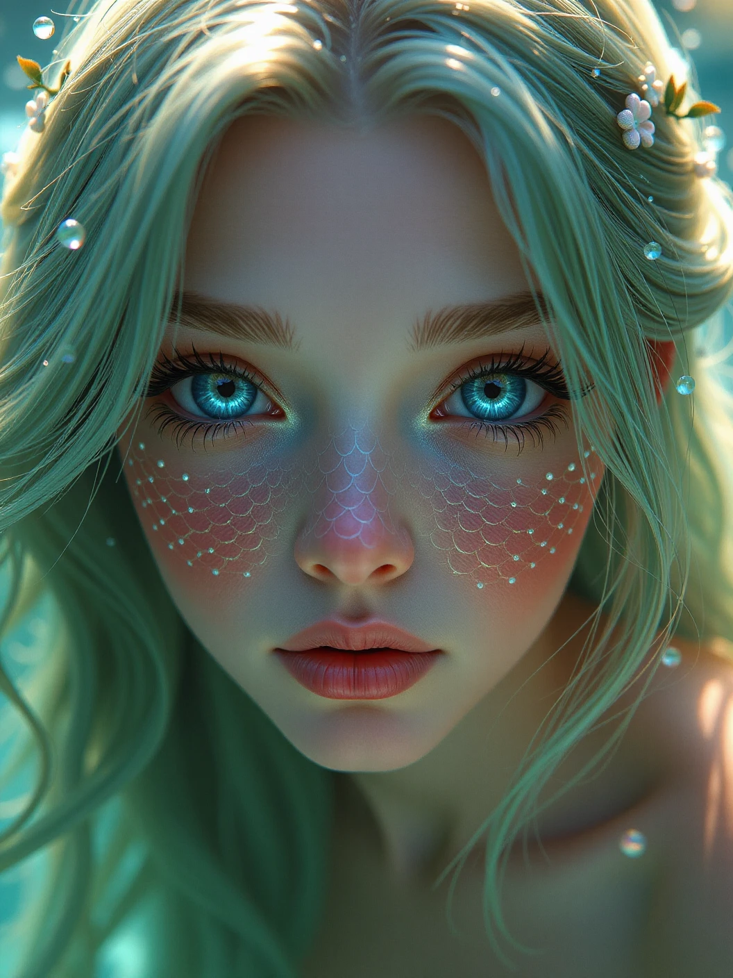 detail, Realism, 4K, , facial detailing, large yellow eyes, Plump lips, Upturned nose, Gray hair on pink hair, A Beautiful Mermaid 🧜♀️ , Full Body Shot Detailed color and size of the picture od Mermaid in water, Flowers in the background, White butterfly in the foreground, Realistic shooting, depth of fields, Soft front light, Glow, nffsw (PastelColors: 1.2), Canon RF 100mm f2.8L 宏 IS USM