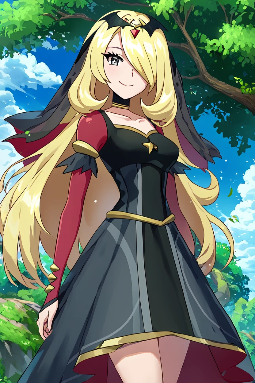 score_9, score_8_up, score_8, medium breasts, (curvy), cute, eyelashes,       BREAK, , ,,,  zzCynthiaRenegade, grey eyes, long hair, blonde hair, hair over one eye, hair ornament, official alternate costume,  black dress, black choker, veil, tiara, collarbone,  <lora:CynthiaRenegade_Pokemon_PDXL:1.0>,   ,,, , BREAK, smile, looking at viewer, cowboy shot, ,,, outdoors, sky, day, cloud, tree, blue sky, sunny,  ,,, Expressiveh, ,,, <lora:Alola_Style_PDXL:0.8>, <lora:Expressive_H-000001:0.4>,