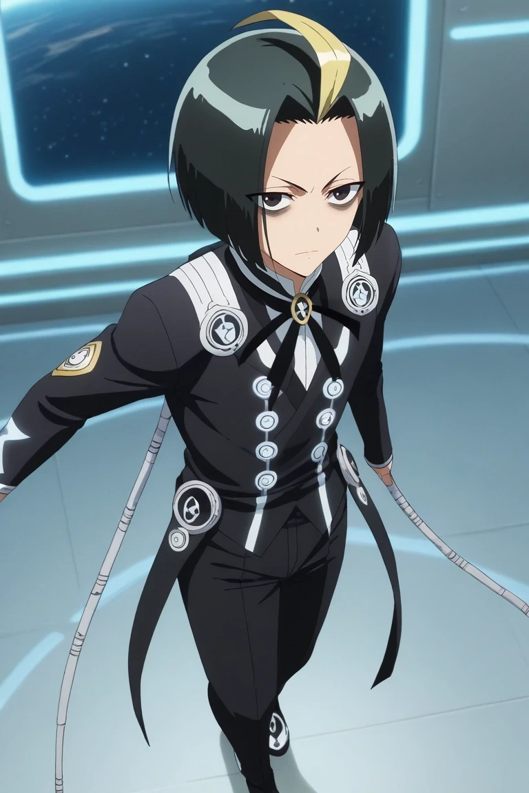 score_9, score_8_up, score_7_up, , rating_safe, intricate details, anime screencap, , , looking at viewer, depth of field, 1boy, solo, male focus, <lora:seigen_amawaka_pony:1>, seigen_amawaka, black hair, black eyes, , multicolored hair, two-tone hair, streaked hair, blonde hair, ahoge, from above, full body, space, stars, indoors, dancing, heart eyes, gothic costume, <lora:sdxl_lightning_8step_lora:1>