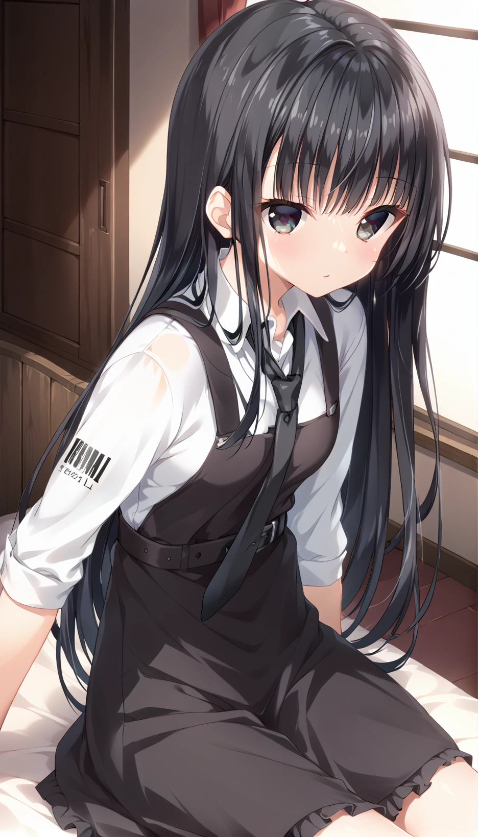 <lora:Ai(pony):0.7>,Ai,bangs,black necktie,pinafore dress,civvies,1girl,belt,black hair,gradient eyes,sitting,sideways_glance,facing_away,(hair_twirling:1.3),