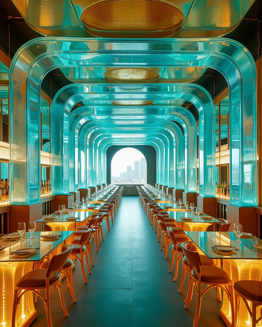 glassbarbylaushine,interior design of a large restaurant made up of translucent turquoise material,gold-leaf and crystal,fill with glass made chairs and tables,illuminated by warm spotlight from ceiling