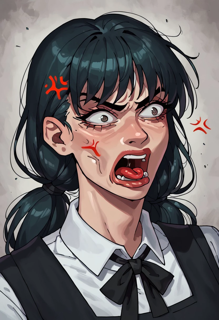 score_9, score_8_up, score_7_up, portrait, 1 girl, solo focus,, PepeREEEEEEEEEEEEE, Enragedpepe, solo, tongue, open mouth, anger vein, angry, mitaka asa, long hair, low twintails, school uniform, black dress, pinafore dress, sleeveless dress, white shirt, black ribbon, neck ribbon, long sleeves