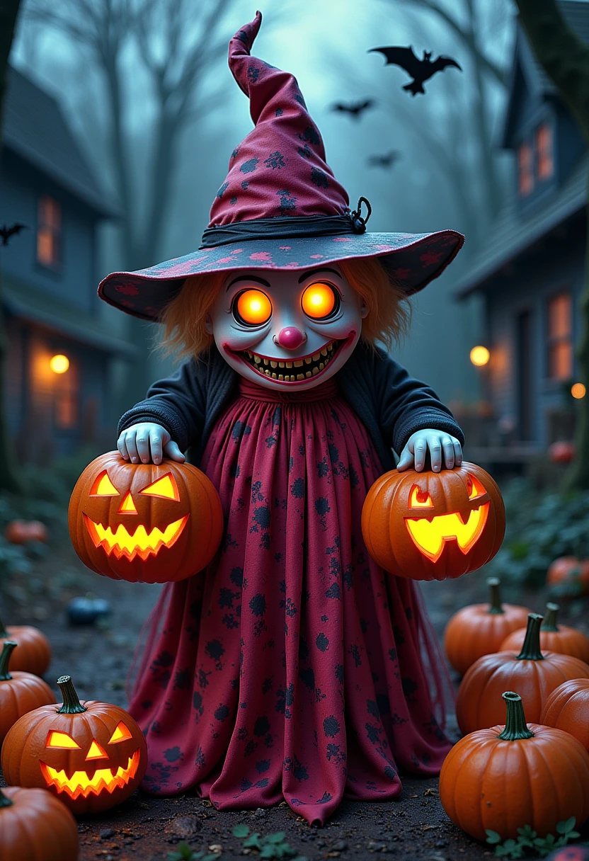 the spookymoky witch holding pumpkins celebrating helloween. background of hunted house.  Bizarredreams  <lora:FLUX_Bizarredreams:0.5> <lora:FLUX_Helloween_Spookymoky_Style:1>