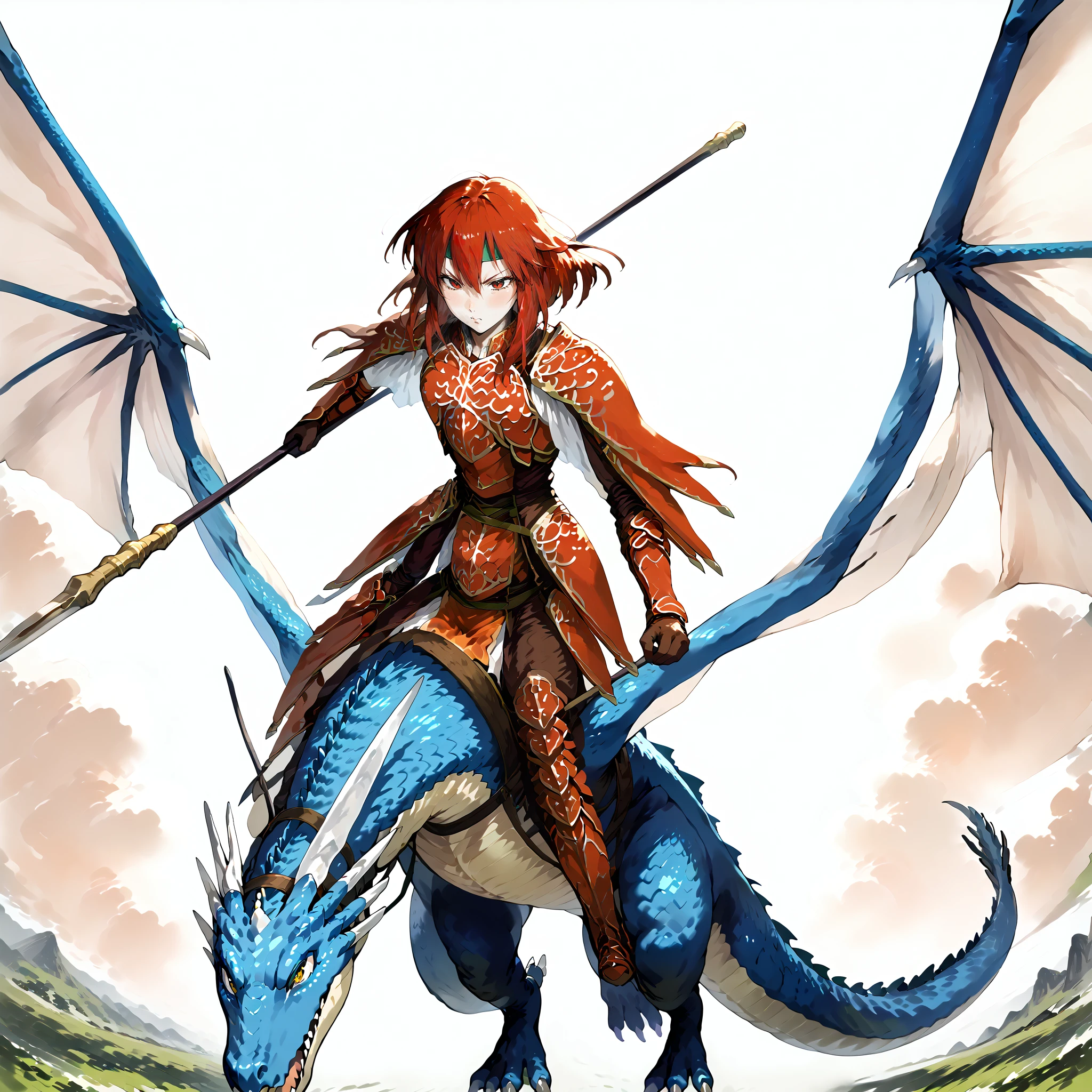 score_9,score_8_up,score_7_up,zPDXL3,unaestheticXL_3x3,field,sky,1girl,1other,<lora:Pony_DetailV2.0:1>,
BREAK wyvern rider,dragon wings,knight,green dragon,dragon riding,polearm,holding polearm,holding weapon,flying,<lora:wyvern rider-pony-v2:1>,fighting stance,v-shaped eyebrows,serious BREAK feMva,red hair,short hair,red eyes,green headband,red armor,shoulder armor,gauntlets,gloves,brown pants,pelvic curtain,armored boots,<lora:feminerva-pdxl-nvwls-v1:1>,