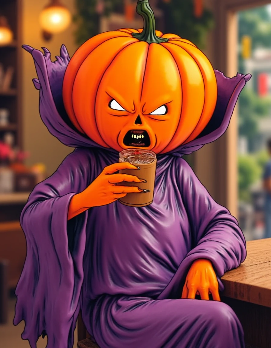 <lora:Samhain_Flux:1.8>cartoon, Pumpkin head, ripped purple robes, sitting in a cafe, drinking a coffee