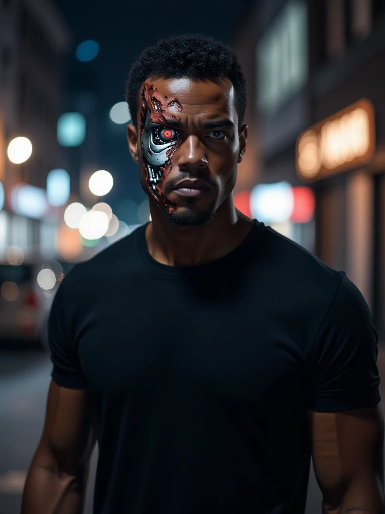 ((TerminatorBattleDamage)), a muscular (((black african american man))) with short hair and facial hair, and ((with severe facial battle damage consisting of torn flesh and blood and gore that reveals a terminator robot endoskeleton and red robot eye)), he wears a black t-shirt, he looks into the camera with a serious facial expression, the image background is a dark city street at night with dim lighting and dynamic lighting that evokes a foreboding atmosphere, the style of the image is a gritty science fiction thriller scene with intricate and in-depth detail, <lora:Hyper-FLUX.1-dev-8steps-lora:0.125>, <lora:TerminatorBattleDamage_Flux-000006:1>