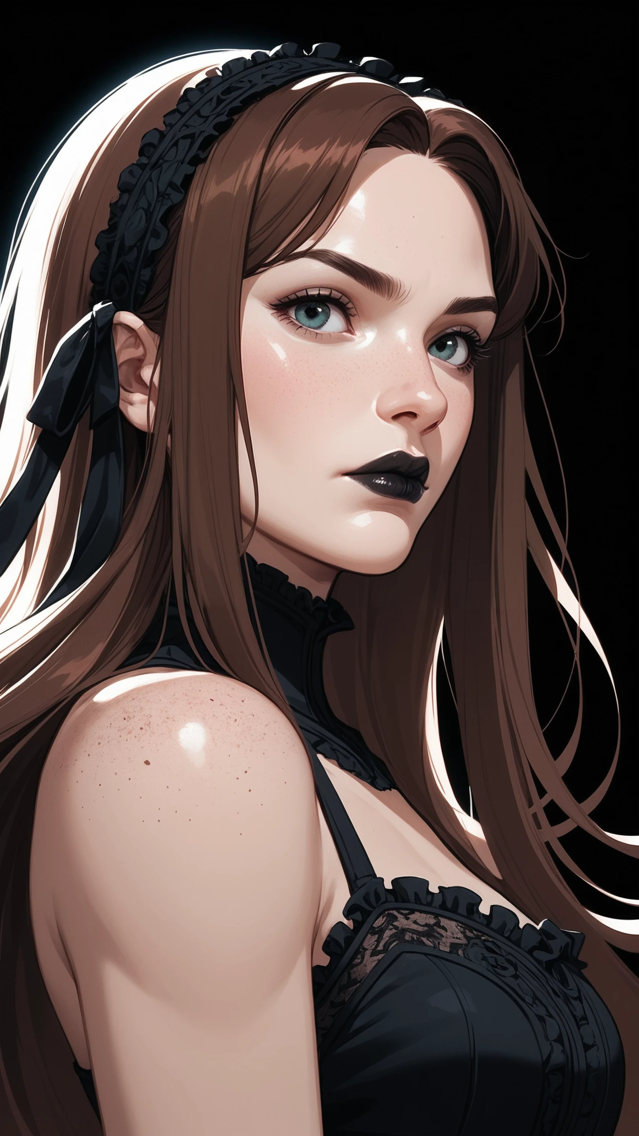 a close up portrait mode Cartoon style GTA style digital illustration of a woman in a black dress and black hair, beautiful vampire queen, beautiful vampire female queen, gothic maiden, very beautiful gothic top model, beautiful female vampire, goth girl, goth girl, gothic maiden of the dark, Gothic style, gothic woman, gothic clothes, gothic outfit, vampire fashion, female vampire, wearing a gothic dress Close up of a woman with long hair and a sweater, curly brown hair, Beautiful model, high-quality portrait, medium portrait soft light, looks like young liv tyler, colorized portrait, Beautiful woman, curly blonde hair | d & d, beautiful portrait lighting, a beautiful young woman, very beautiful model, 50mm portrait, medium - long curly brown hair