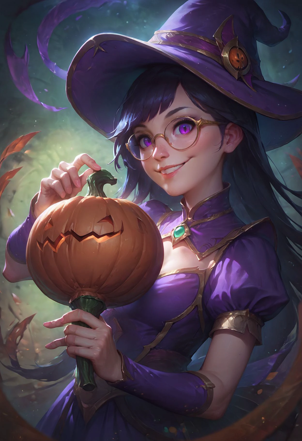 score_9, score_8_up, score_7_up, score_6_up, score_5_up, score_4_up, 1girl, solo, purple dress, golden details, glasses, purple eyes, smile, long hair, black hair, straight hair, bangs, (portrait, close-up:1.2), holding pumpkin, looking at viewer, symmetrical pose, dramatic lighting, <lora:ArtStyle_Bewitching_Fantasy:0.75> b3w1tch, witch hat