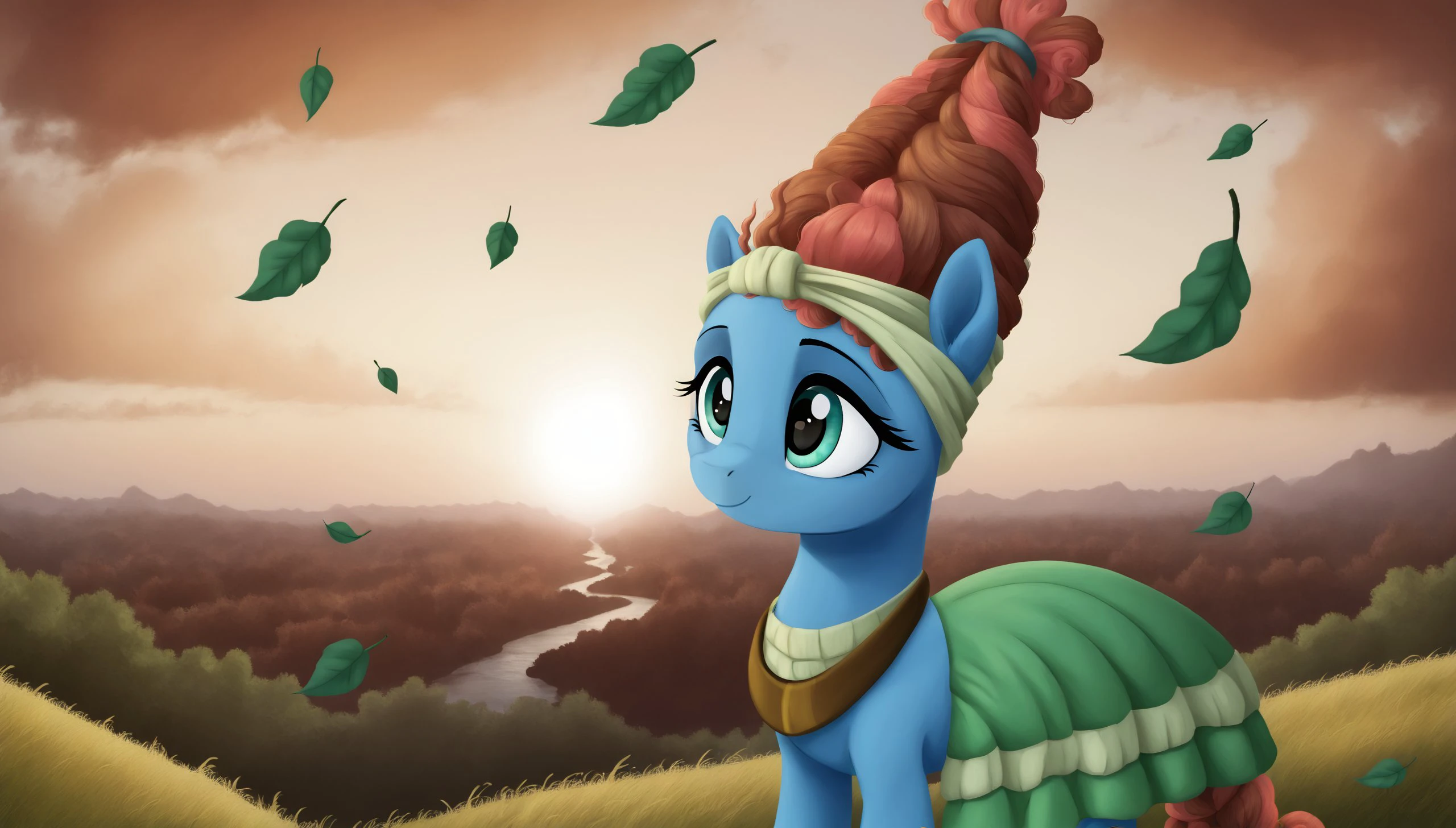 score_9, score_8_up, score_7_up, score_6_up, score_5_up, score_4_up, rating_safe,<lora:Mage Meadowbrook:1>Mage Meadowbrook,earth pony,  solo, female, full body, green eyes, green and red leaves at sunset, in the background, fantasy, professional canvas, triad colours, deep colour, voluminous lighting, shading with dark edges, richly detailed, matte background, octane render style. (cute, pony, small,) (high quality, detailed, beautiful), radiant, adorable face, detailed beautiful eyes, realistic, outstanding, counter shading, detailed soft lighting, cinematic vintage photography.<lora:OtherStyle_01:1> <lora:mlp_g5(1):1> <lora:Wholesome_MLP-v1.2:1>