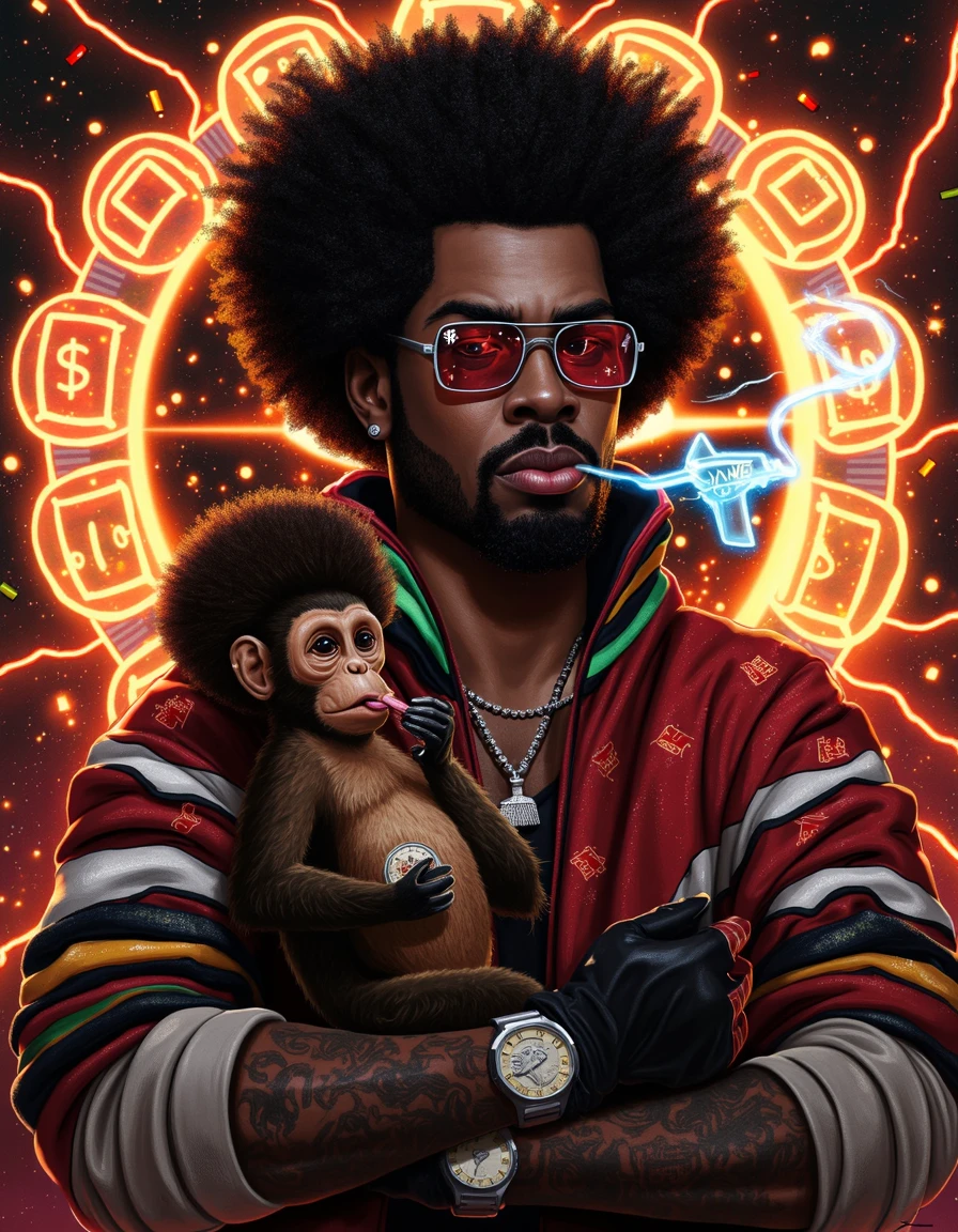 dalu, african american man with afro, sunglasses with red chinese symbols on them, exhaling smoke with mouth closed, mustache and beard, jacket with colorful lines on collar, holding monkey with afro eating a quarter in his arm, red and black and white gloves, white watch, tattoos on arm, hand is touching orange holographic light forming a squareish circle with music notes and a chinese symbol in bubbles, border with machine gun dollar symbol razor blade and person with halo