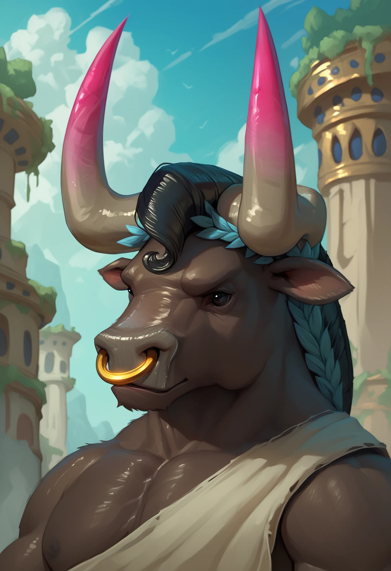 zPDXL3, score_9_up, score_8_up, score_7_up, detailed, source_furry, (best quality:1.2), hi res, ambient lighting, digital painting \(artwork\) BREAK greek mythology, portrait, asteriushades, horns, minotaur, black eyes, tail, nose ring <lora:detailed_notrigger:1> <lora:Asterius_Hades_V1:1> <lora:d3t41l3dXLP:0.8>