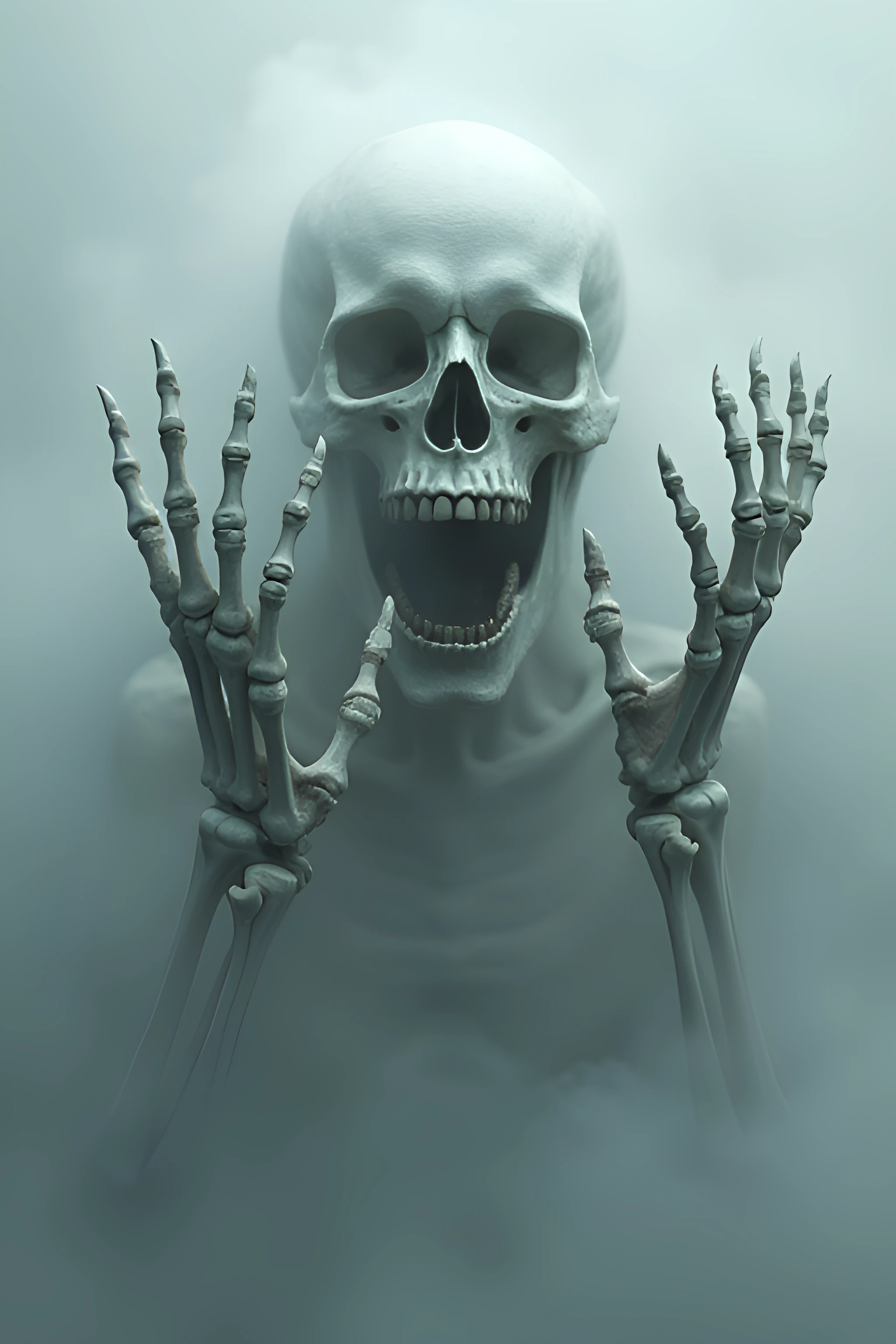 (masterpiece, best quality, high resolution), white skeleton hands emerging from the mists, screaming face, many hands grabbing, angiush, intricate detail, 8k, hdr