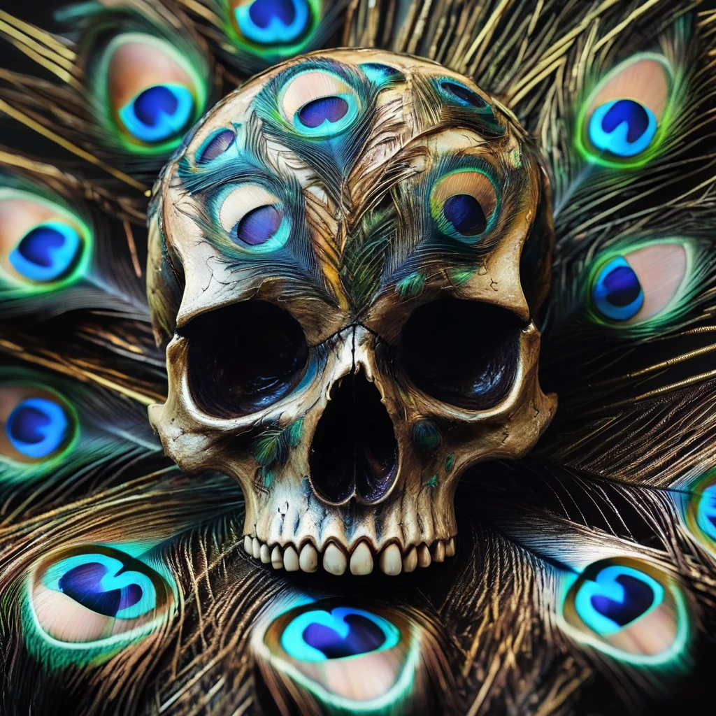 pavolaris skull with peacock feathers, professional  photo, expressive, detailed, sharpened, cinematic<lora:pavolaris:1>