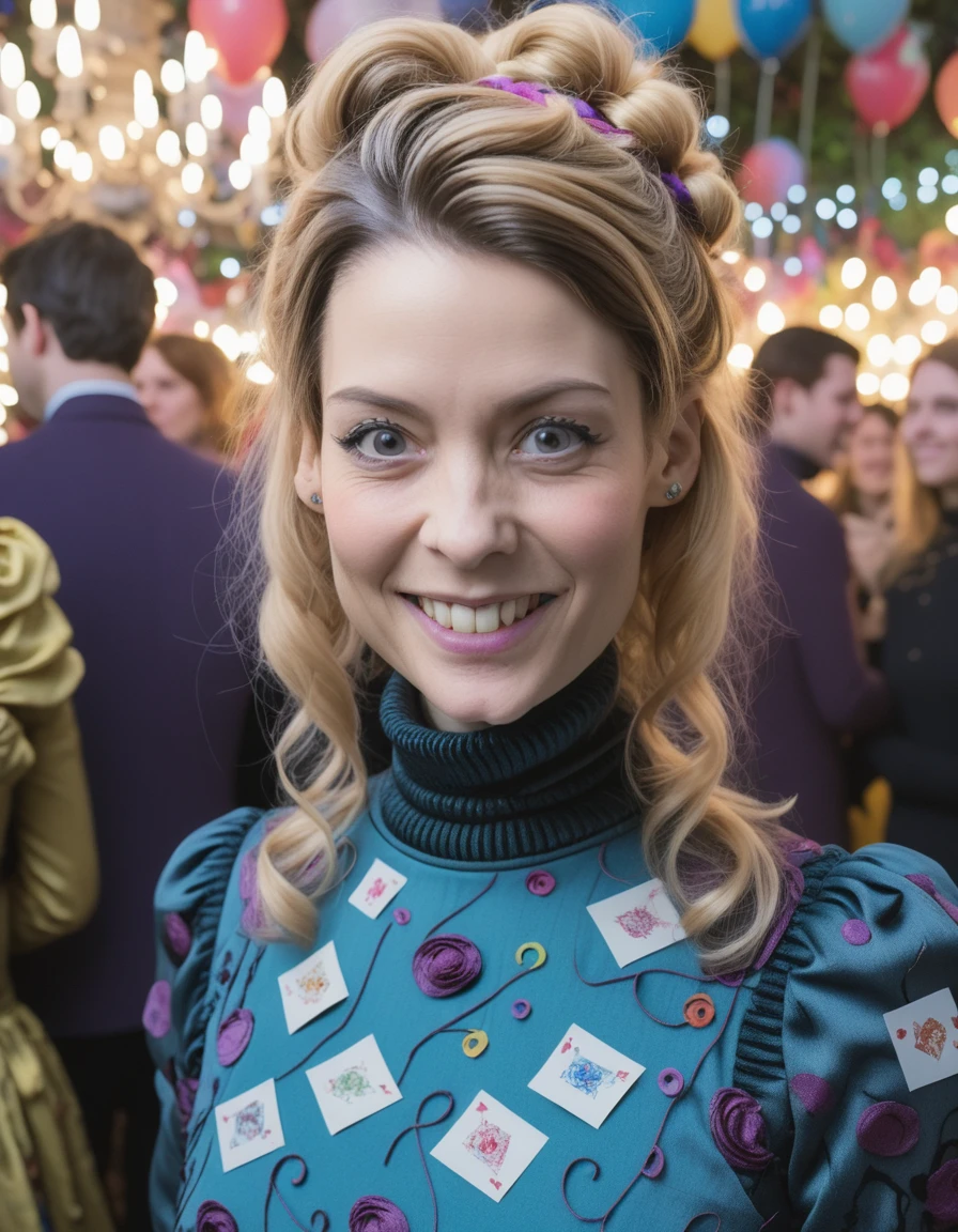 a professional absurdres sharp-focus intricately detailed portrait photograph of Lauriane_Gilliéron with a creepy grin, 
cute hair, intricately stitched turtleneck long dress, looking at the viewer,
at a crowded party,
wearing a alice in wonderland-themed costume, <lora:Lauriane_Gilliéron-SDXL:1>