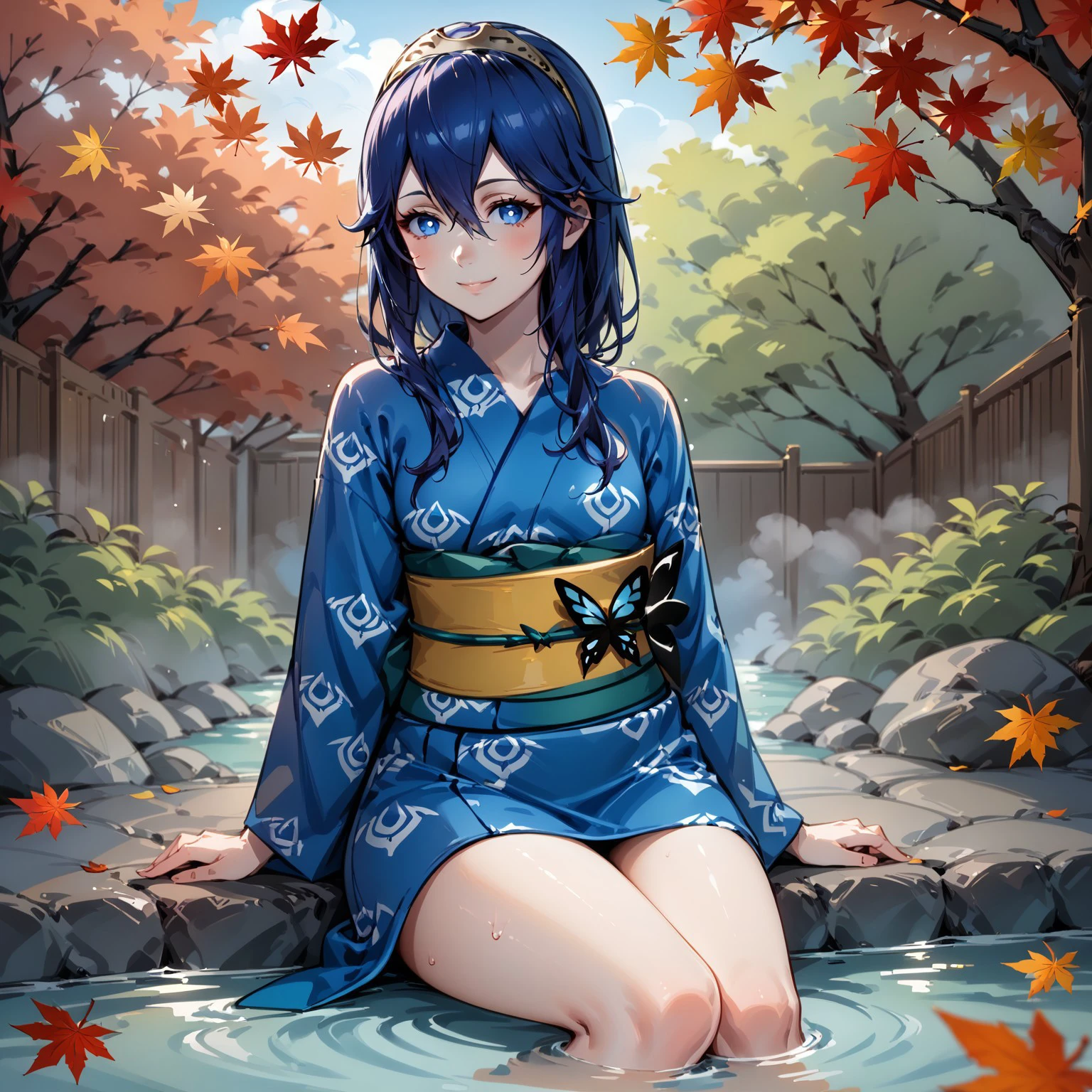 safe_pos, 1girl, blue_eyes, blue_hair, breasts, cloud, hair_between_eyes, japanese_clothes kimono, leaf, maple_leaf, onsen, partially_submerged, sitting, small_breasts, smile, solo, symbol-shaped_pupil, tiara, wet, water, steam, falling leaves, bath, bathing, yellow_obi, yellow_sash, yukata, blue_kimono, butterfly_ornament, looking_at_viewer, thighs