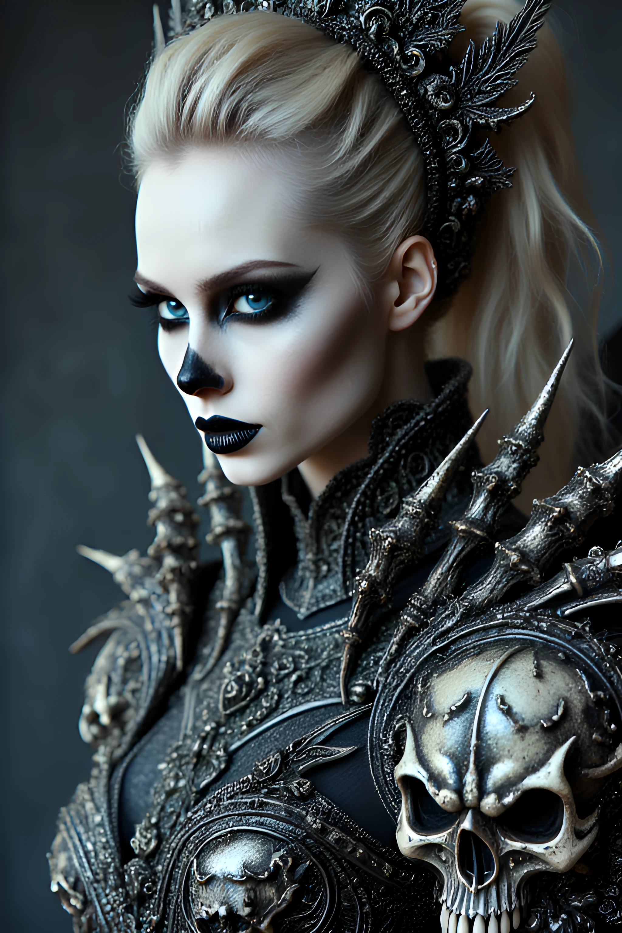 A highly detailed, realistic CGI rendering of a fantasy warrior figure. The woman, with a pale, statuesque physique, has striking blue eyes and dark, dramatic makeup with bold, black lipstick. She is adorned in an elaborate, ornate suit of armor that appears to be made from a combination of metallic and skeletal elements.