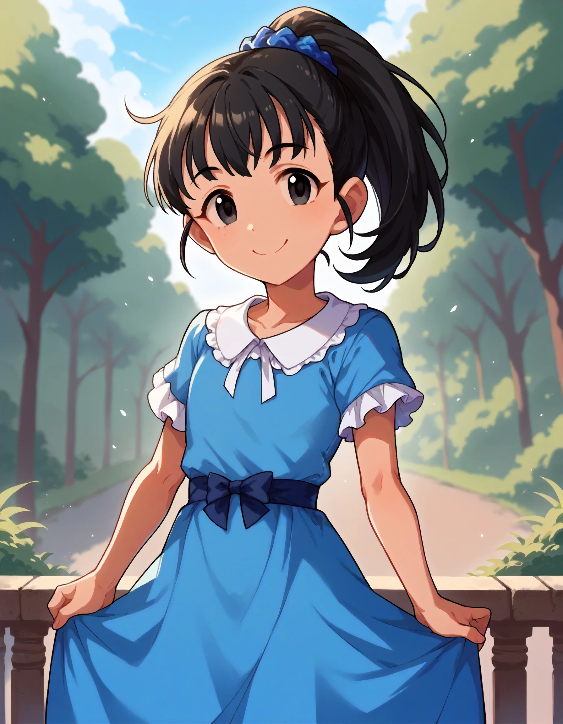 score_9,score_8_up,score_7_up,1girl,solo,cowboy shot,smile,looking at viewer,outdoors,
<lora:fukuyamamai_ponyXLV6:0.8>,cgfm,
black hair,ponytail,black eyes,flat chest,
hair scrunchie,blue scrunchie,blue dress,short sleeves