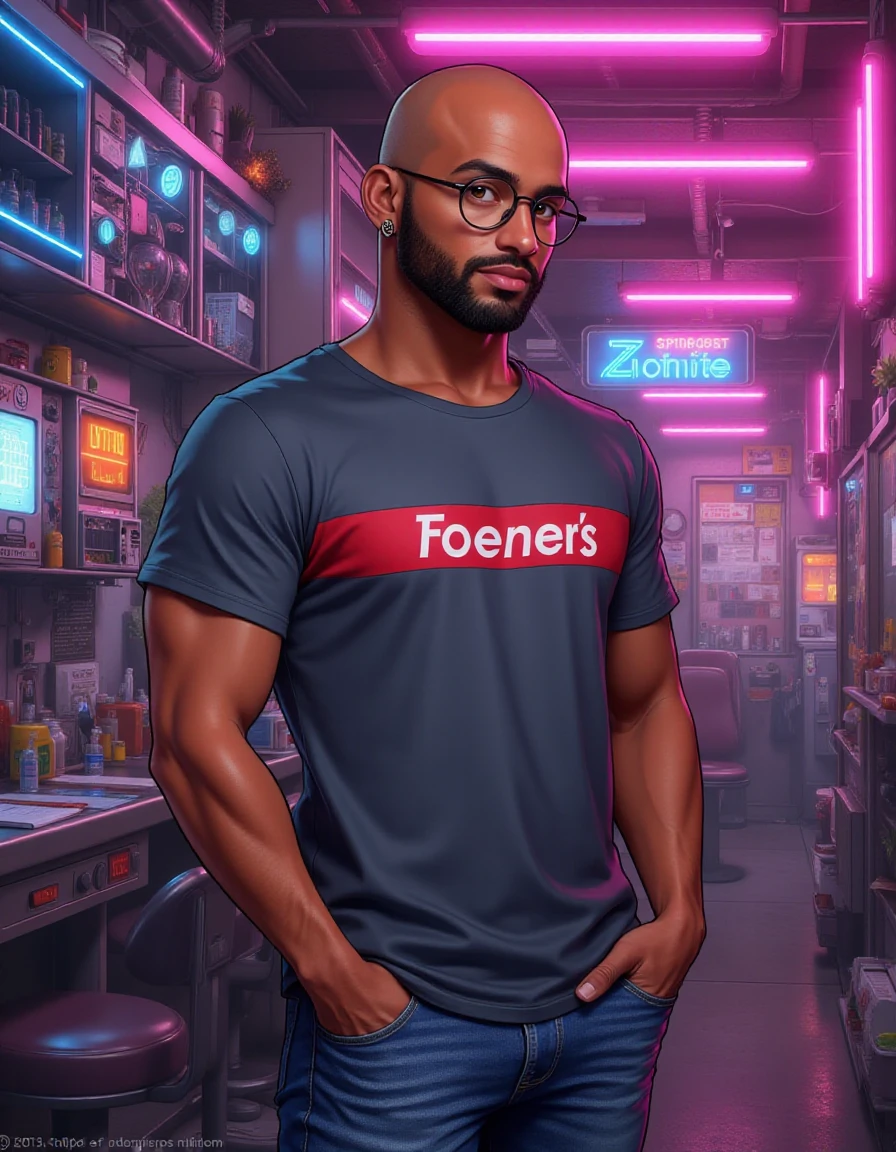 <lora:Cyber_Room:1>, futuristic, detailed, artwork, neon, neon-lit, eclectic, rendering, aesthetic, urban, ultra-modern, <lora:Gandhi_Clone_High:1>, 1boy, tanned skin, bald, beard stubble, black eyes, grey t-shirt with red stripe, jeans, round glasses, single earring