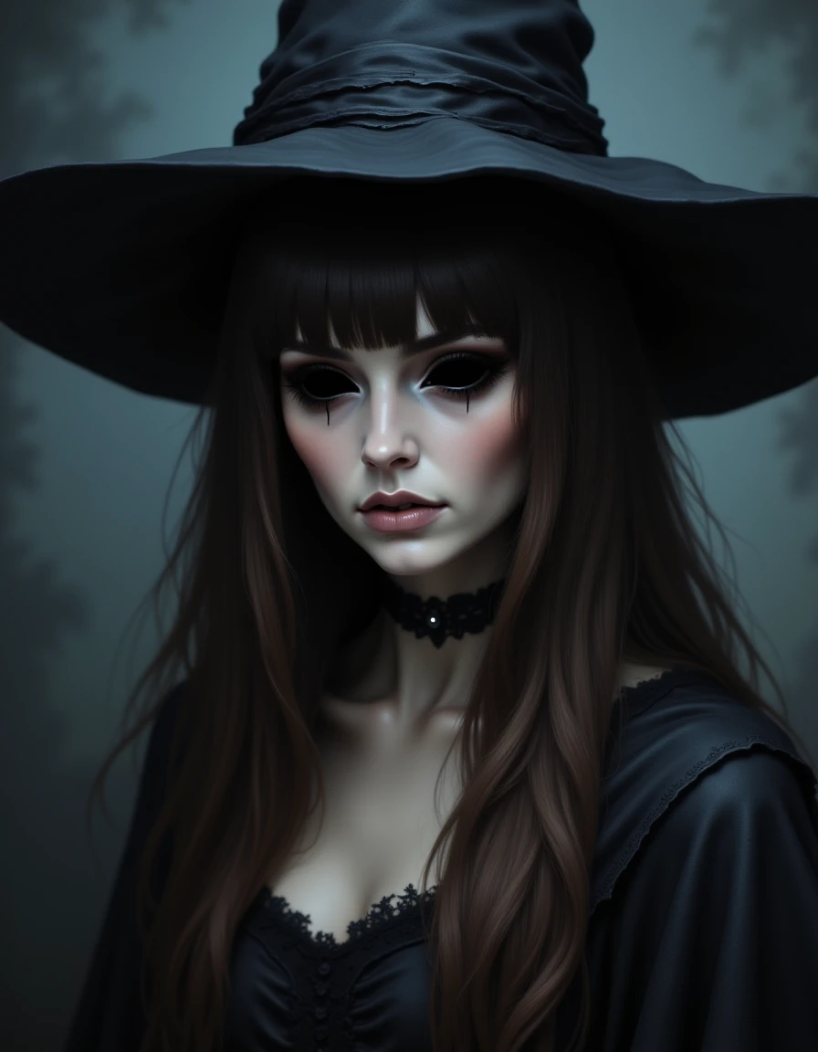 A cinematic photograph of a beautiful witch with hollow eyes, long hair, blunt bangs, brown hair,witch hat, dark castle