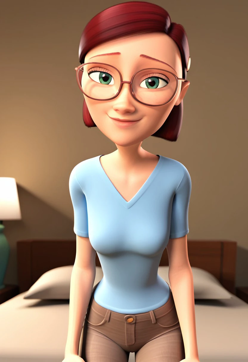 high quality,close up,1girl,solo, linda gunderson, glasses, red hair, looking at viewer, smile, blue shirt, brown jeans, indoors, bedroom, facing viewer, 3D, render, beautiful face, closed mouth,